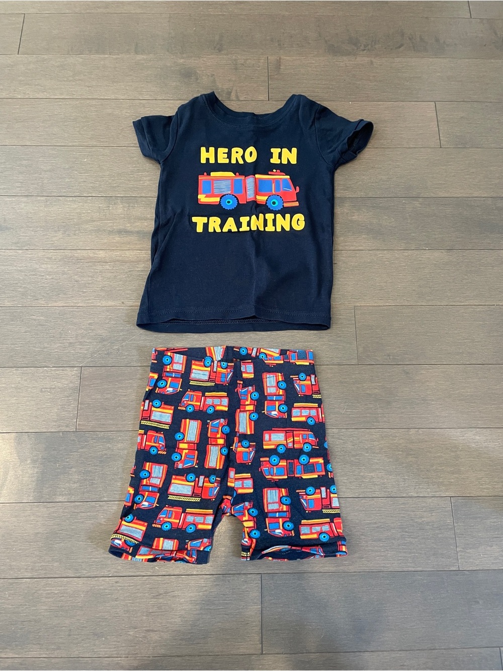 Kids Navy 'Hero in Training' Firetruck Pajama Set short sleeves and shorts